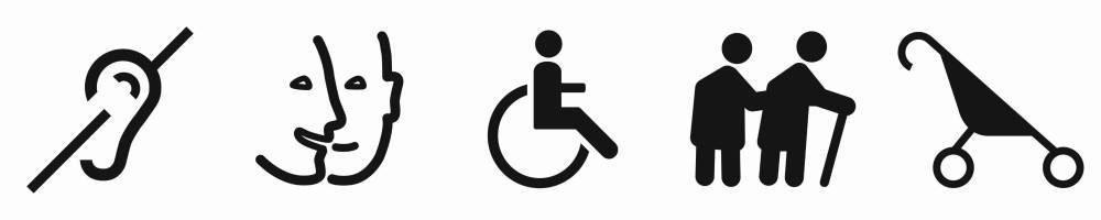 logos accessibilité : handicaps auditif, mental, moteur, mobilité ; poussette