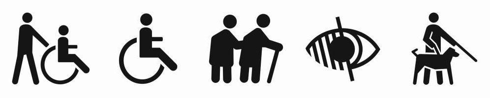 logos accessibilité : handicaps moteur et avec accompagnateur, mobilité, visuel et avec chien guide