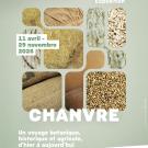 Affiche de l'exposition "Chanvre" : sur fond couleur vert amande des formes géométriques imbriquées présentent des produits en chanvre