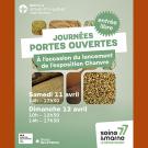 Affiche annonçant les journées portes ouvertes à l'occasion du début de l'exposition "Chanvre" : sur fond couleur vert amande des formes géométriques imbriquées présentent des produits en chanvre