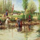 Peinture de Theodor von Hörmann représentant le rouissage ou macération du chanvre dans un cours d'eau