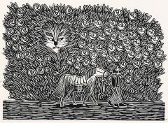 Gravure en noir de Marie Poirier, représentant une scène du conte "La Belle et la Bête" : Le bonhomme, après avoir pris son chocolat sortit pour aller chercher son cheval ; et comme il passait sous un berceau de roses, il se souvint que la Belle lui en avait demandé une et cueillit une branche où il y en avait plusieurs...