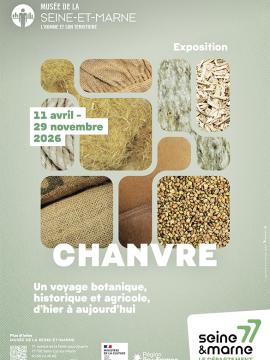 Affiche de l'exposition "Chanvre" : sur fond couleur vert amande des formes géométriques imbriquées présentent des produits en chanvre