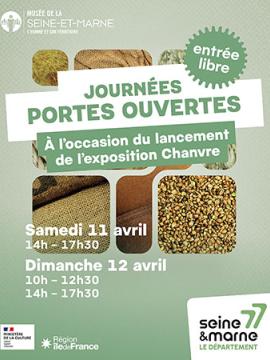 Affiche annonçant les journées portes ouvertes à l'occasion du début de l'exposition "Chanvre" : sur fond couleur vert amande des formes géométriques imbriquées présentent des produits en chanvre
