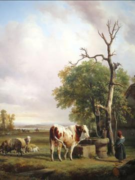 Reproduction d'un tableau de Raymond Brascassat "scène champêtre près d'un puits" .