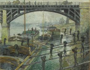 Tableau Les Déchargeurs de charbon de Claude Monet, prêt du Musée d'Orsay : déchargement du charbon à dos d'homme à partir de péniches sur les quais de la Seine près du pont ferroviaire d'Asnières