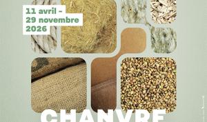 Affiche de l'exposition "Chanvre" : sur fond couleur vert amande des formes géométriques imbriquées présentent des produits en chanvre