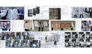 Ensemble de photographies couleur, qui montrent le travail des agents chargés des costumes dans un hôtel où les employés travaillent en costume de scène.