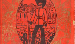 Couverture du livre "Rues et visages de Londres" : sur fond rouge, un "Foot Guard" de l'armée britannique. Sous l'illustration de la couverture figure la devise : "Honi soit qui mal y pense".