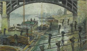 Tableau Les Déchargeurs de charbon de Claude Monet, prêt du Musée d'Orsay : déchargement du charbon à dos d'homme à partir de péniches sur les quais de la Seine près du pont ferroviaire d'Asnières