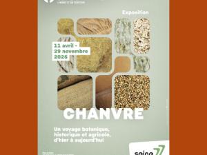 Affiche de l'exposition "Chanvre" : sur fond couleur vert amande des formes géométriques imbriquées présentent des produits en chanvre