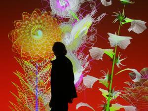 Visuel pour l'exposition Miguel Chevalier, Pixels botaniques, sur un fond rouge constellé de plantes et fleurs se détache une silhouette d'homme marchant