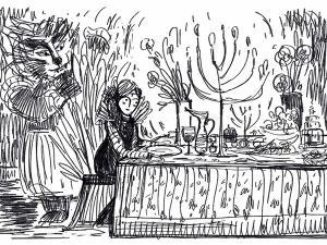 Gravure représentant le conte La Belle et la Bête, pour un kamishibai théâtre de papier japonais.