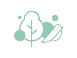 Logo vert sur fond blanc, représentant un oiseau et un arbre stylisés, ainsi que des cercles verts