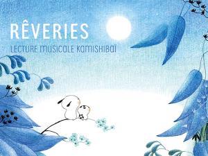 Affiche dans les tons bleu et blanc, représentant deux petits animaux fictifs, regardant le clair de lune, posés sur la tige d'une plante bleue.