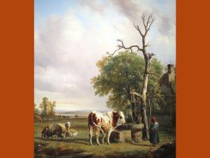 Reproduction d'un tableau de Raymond Brascassat "scène champêtre près d'un puits" .