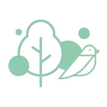 Logo vert sur fond blanc, représentant un oiseau et un arbre stylisés, ainsi que des cercles verts