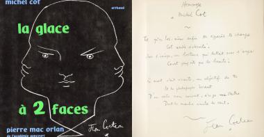Couverture du livre avec la dédicace de Jean Cocteau : Hommage à Michel Cot - Tel qu'en toi-même enfin son appareil te change, Cot arrête l'éternité. Sur l'image, un boiteux qui luttait avec l'ange court plus vite que la beauté. La mort était vivante un objectif la tue  et le photographe devant d'un voile noir couvert, érige une statue dont le marbre imite le vent. Jean Cocteau.