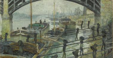 Tableau Les Déchargeurs de charbon de Claude Monet, prêt du Musée d'Orsay : déchargement du charbon à dos d'homme à partir de péniches sur les quais de la Seine près du pont ferroviaire d'Asnières