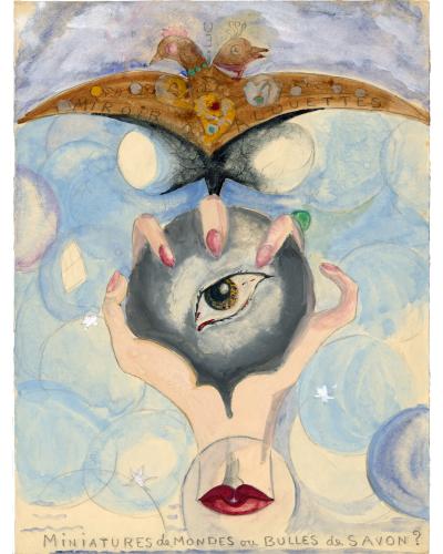 dessin original, représente une main coupée, avec une bouche rouge au niveau du poignet, dans la main, aux ongles vernis, un œil dans un globe gris surmonté d'un miroir à alouettes avec deux têtes d'oiseau, au milieu le mot Dieu, le sens des lettres est inversé. Tout autour des bulles dans les tons bleus. La légende "Miniatures de Mondes ou Bulles de savon ?" est inscrite au crayon de papier et en majuscules en bas de page.