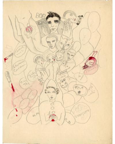 Dessin au crayon de Claude Cahun, à l'origine de l'illustration Mo12285.5, en bas de page, au centre un enfant en chemise à gros boutons et coiffé d'un chapeau, tient une pomme rouge ; au-dessus et autour, des personnages, des chats et des bulles comportant des noms.