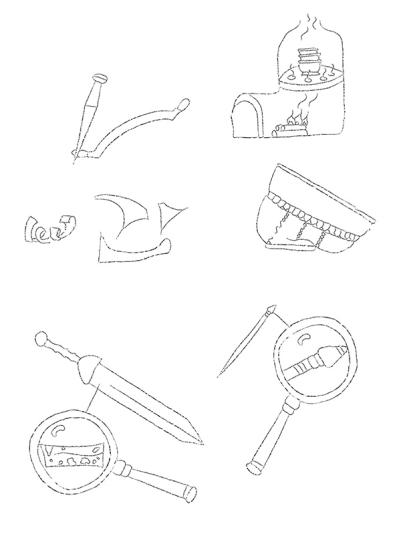 dessin intitulé Indices artisanat, représente des objets de utilitaires artisanaux de la période de la Gaule romaine (1er au 5ème siècle) de l'époque