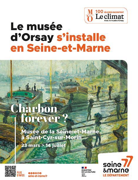 Tableau Les Déchargeurs de charbon de Claude Monet, prêt du Musée d'Orsay : déchargement du charbon à dos d'homme à partir de péniches sur les quais de la Seine près du pont ferroviaire d'Asnières