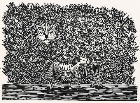 Gravure en noir de Marie Poirier, représentant une scène du conte "La Belle et la Bête" : Le bonhomme, après avoir pris son chocolat sortit pour aller chercher son cheval ; et comme il passait sous un berceau de roses, il se souvint que la Belle lui en avait demandé une et cueillit une branche où il y en avait plusieurs...