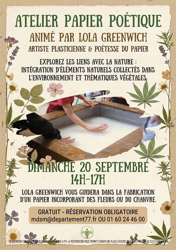 affiche de présentation de l'atelier papier proposé par Lola Greenwich