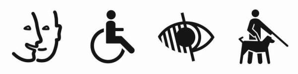 Logos pour les déficiences mentale, motrice et visuelle et avec chien guide