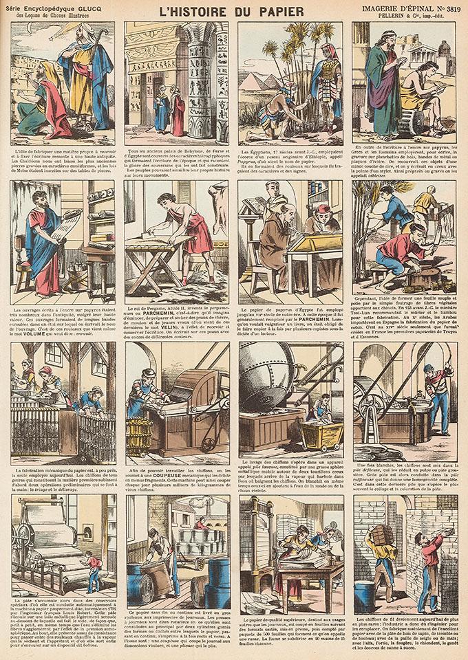 L'histoire du papier présentée sous forme de bande dessinée en 16 cases. Imagerie d'Épinal