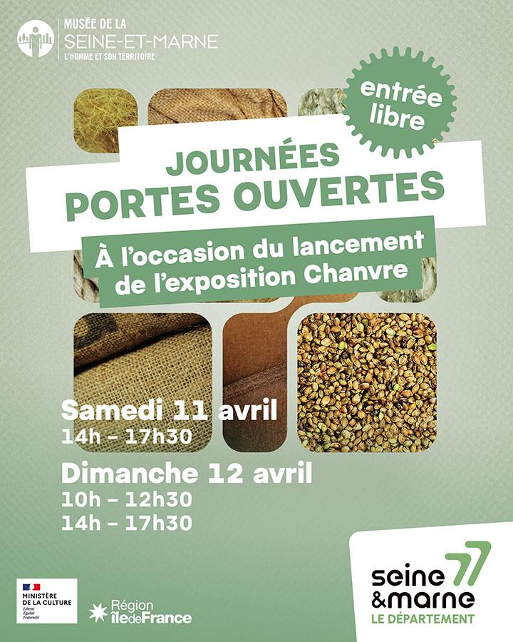 Affiche annonçant les journées portes ouvertes à l'occasion du début de l'exposition "Chanvre" : sur fond couleur vert amande des formes géométriques imbriquées présentent des produits en chanvre