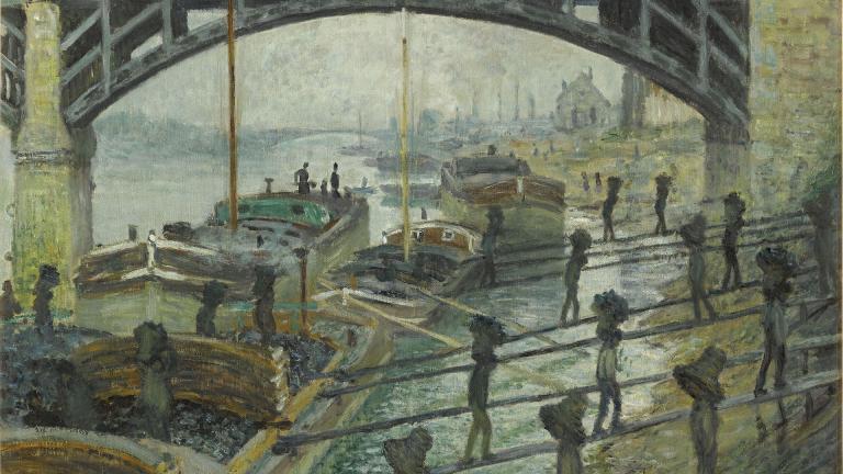 Tableau Les Déchargeurs de charbon de Claude Monet, prêt du Musée d'Orsay : déchargement du charbon à dos d'homme à partir de péniches sur les quais de la Seine près du pont ferroviaire d'Asnières