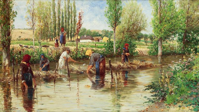 Peinture de Theodor von Hörmann représentant le rouissage ou macération du chanvre dans un cours d'eau