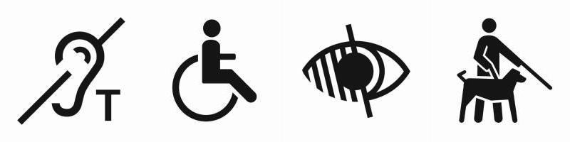 Pictogrammes pour les déficiences, auditive avec boucle magnétique, motrice, visuelle, y compris avec chien guide.