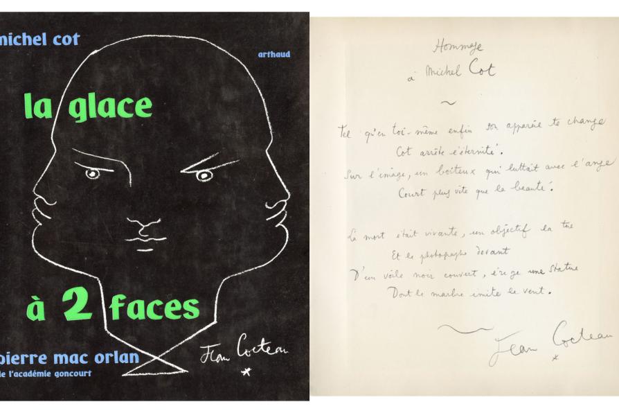 Couverture du livre avec la dédicace de Jean Cocteau : Hommage à Michel Cot - Tel qu'en toi-même enfin son appareil te change, Cot arrête l'éternité. Sur l'image, un boiteux qui luttait avec l'ange court plus vite que la beauté. La mort était vivante un objectif la tue  et le photographe devant d'un voile noir couvert, érige une statue dont le marbre imite le vent. Jean Cocteau.