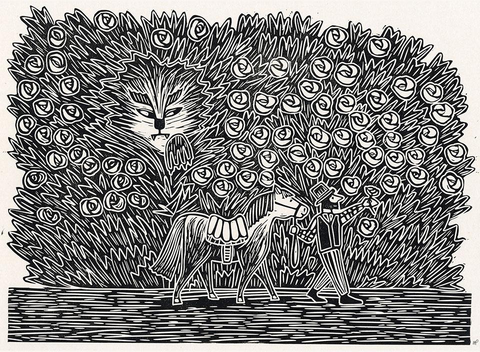 Gravure en noir de Marie Poirier, représentant une scène du conte "La Belle et la Bête" : Le bonhomme, après avoir pris son chocolat sortit pour aller chercher son cheval ; et comme il passait sous un berceau de roses, il se souvint que la Belle lui en avait demandé une et cueillit une branche où il y en avait plusieurs...